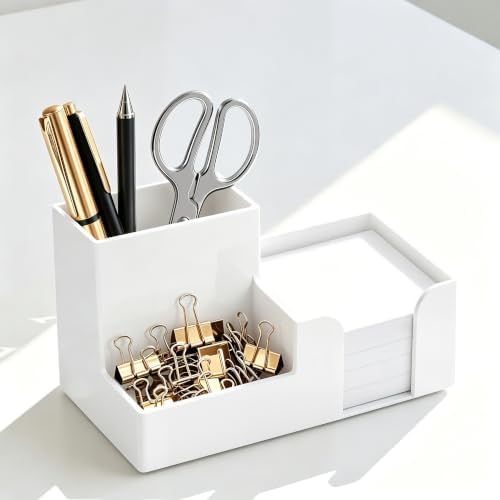 HBlife Acrylic Pen Holder for Desk, 3-Compartment Small Desk Organizer, White Office Supplies Desk Accessories with Sticky Notes Holder Stores Post It Notes 3X3 for Office, Home and School