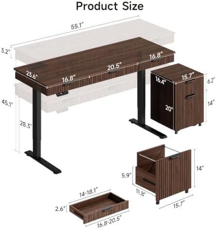 ONBRILL 55" Electric Standing Desk with File Cabine, Sit to Stand, Walnut