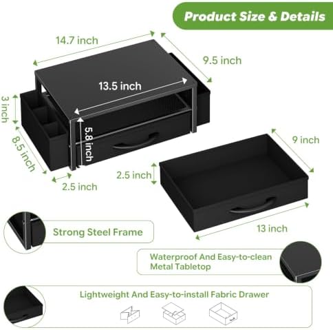 Ekisemio Desk Organizer and Accessories, 2-Tier Computer Monitor Stand Riser with Drawer & 2 Pen Holders - Multi-Functional Desk Organizer for Laptop, Printer & Home Office Supplies, Black