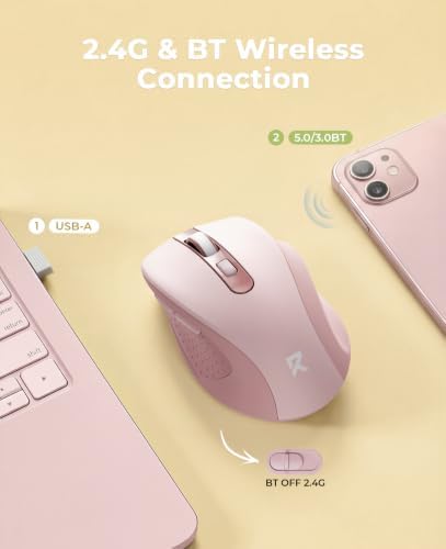 Redragon Wireless Mouse for Laptop, Bluetooth Mouse (BT5.0/3.0&2.4G) with 5 Level 4000DPI, Silent Cordless Computer Mice 6 Buttons,18 Months Battery,Compatible with PC, Laptop, Desktop-Pink