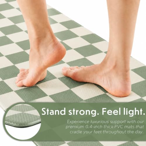 Ohocut Checkered Kitchen Mats for Floor Set of 2, 2 Pcs Sage Green Cushioned Non Slip Runner Rugs for Kitchen/Sink/Laundry, Comfort Aesthetic Cute Anti-Fatigue Foam Floor Mat 17.3"x29.5"+17.3"x47.2"