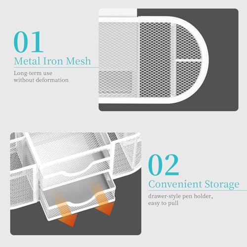 SUPEASY Mesh Desk Organizer, Pen Holder for Desk with 2 Drawers, White