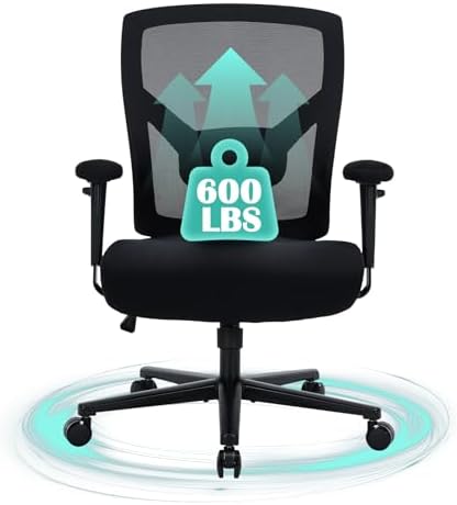 600lbs Big and Tall Office Chair with Wide Thick Seat Cushion for Heavy People Ergonomic Computer Mesh Desk Chairs with Memory Foam Seat, Adjustable Lumbar Support for Adults 8 Hours daliy Work