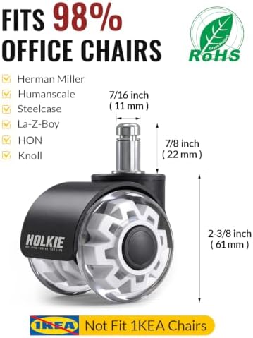 HOLKIE Office Chair Wheels 11mm Universal Fit Casters 2 Inch Replacement White Core Dual Rubber Smooth Quiet Rolling Casters