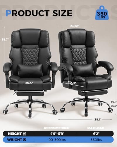 GTPLAYER Executive Office Chair Big and Tall Leather Gaming Chair with Pocket Spring Cushion & Ergonomic Lumbar Support for Lower Back Pain Relief, Comfy Desk Chair with Footrest, Matte-Black