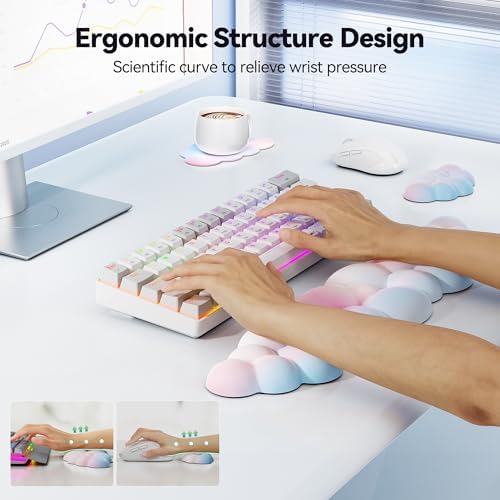 TECKNET Cloud Keyboard Wrist Rest Set, Cloud Wrist Rest with Non-Slip Base, PU Leather Wrist Pad for Keyboard with Ergonomic Memory Foam for Computer Laptop Office Gaming and Pain Relief, Rainbow