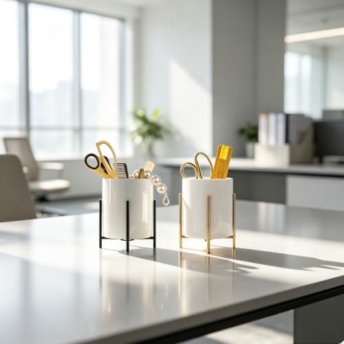 Pencil Holders & Pen Holders Gold Desk Accessories for Women Strong Metal and Ceramic Pen cup(High5.5'' x wide3.8'')