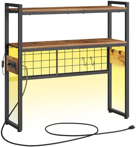 HOOBRO Desktop Bookcase, 2-Tier Desktop Organizer, 29.9" Wooden Office Storage Rack with Outlets, Display Shelf Rack with Light Strip, Desk Hutch for Office, Rustic Brown BF11UDSJ01