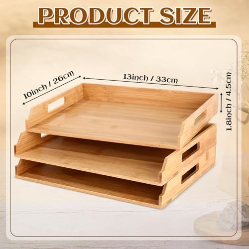 AceOrbit 3 Pcs Stackable Paper Tray Bamboo Wood Desk Organizer Letter Tray