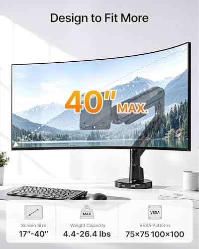 monTEK Aluminum Single Monitor Arm, 17–40" Full Motion with USB，Black
