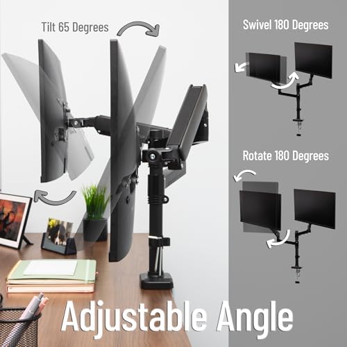 Mind Reader Dual Monitor Arm for 13–32 Inch Screens, Gas Spring VESA Desk Mount, ±180° Rotation, ±65° Tilt, ±180° Swivel, Holds up to 19.8 lbs Each, Integrated Cable Management, Black