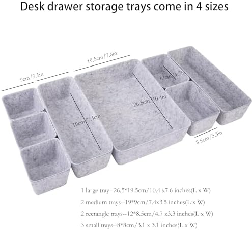 Felt Desk Drawer Organizer, 8pcs Shallow Storage Trays Bins, Office Accessories Box Inserts College Jewelry & Makeup Boxes Containers(Grey)