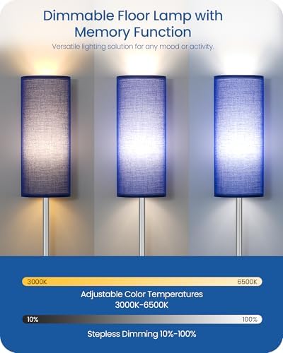 Dimmable Floor Lamps for Living Room with Remote and Foot Switch, 64.4” Modern Standing Tall Lamp, Corner Lamp for Bedroom, Office, Bulb Included, 3000K-6500K, Blue and Silver, FCC Listed SU06LD05W1