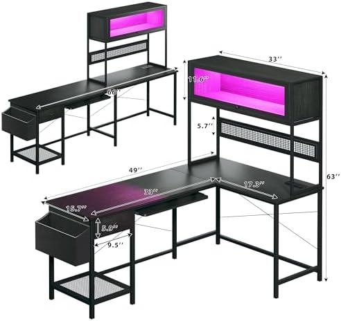 L Shaped Gaming Desk with Power Outlets & LED Lights, 49'' Reversible Computer Desk with Hutch & Pegboard & Display Cabinet, Corner Home Office Desk with Drawer & Keyboard Tray & Storage Bag, Black