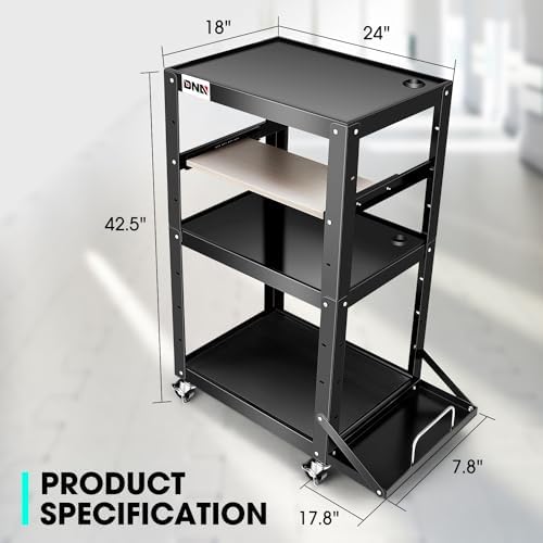 DNA Motoring Steel AV Cart 3-Layer Rolling Projector Utility Cart, 24" X 18" X 24.6"- 42.5" Height Adjustable, with Wheels, Pullout Keyboard Tray, Power Strip, Cord Management, TOOLS-00497
