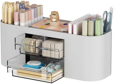 Marbrasse Desk Organizer Pen Holder for Desk with 3 Drawers, Multi-Functional Pencil Holder, Desk Organizers and Accessories with 7 Compartments for Home, School, Classroom(Grey)