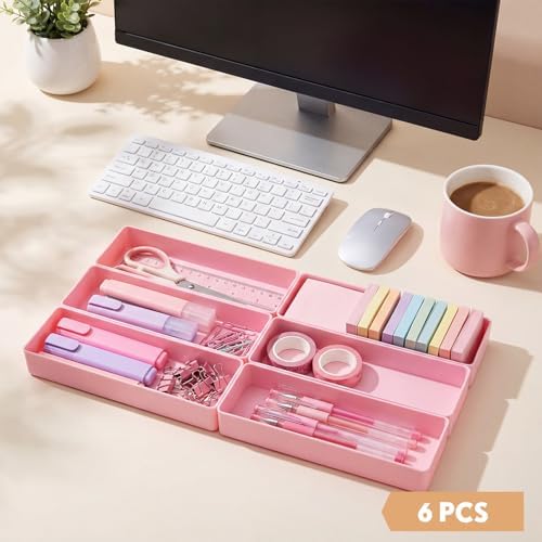Teling 6 Pcs Pink Plastic Desk Drawer Organizer Pen Tray Shallow