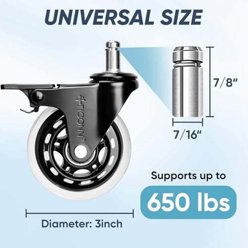TICONN Office Chair Wheels, 3" Caster Wheels for Tile Carpets, Set of 5