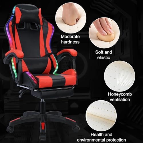 Gaming Chair with Bluetooth Speakers & Lights,Ergonomic High-Back Office Chair with Headrest & 135° Recline, 360° Swivel Height Adjustable Faux Leather Computer Chair for Gaming, Office & Study