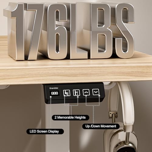 Grandder 47x32 Large Electric Standing Desk, Height Adjustable Computer Desk with 2 Memory Presets, 31.5" Deep Desktop Sit Stand Desk Home Office Desk Workstation Table with Hooks, Light Walnut