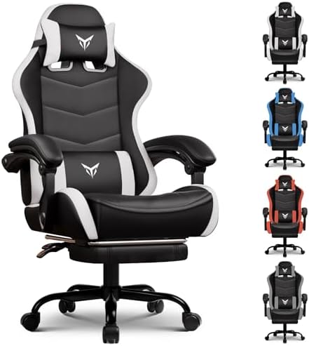 GTPLAYER Gaming Chair with Footrest, Video Game Chairs Racing Style PC Game Chairs 350lbs for Adults - Padded High Back Ergonomic Reclining Silla Gamer, Linkage Armrest,White