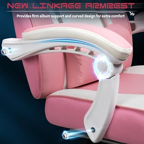 Gaming Chair for Adults, Video Game Chair with Footrest, Big and Tall Gaming Chair Heavy Duty Computer Chair with Massage Lumbar, Ergonomic Adjustable Height and 360° Swivel Seat, PU Leather, Pink