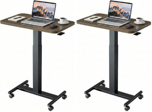 HUANUO Small Rolling Laptop Standing Desk, Height Adjustable Mobile T-Base Desk with Lockable Casters, Portable Sit-Stand Workstation for Bedside & Sofa, Walnut (Pack of 2)