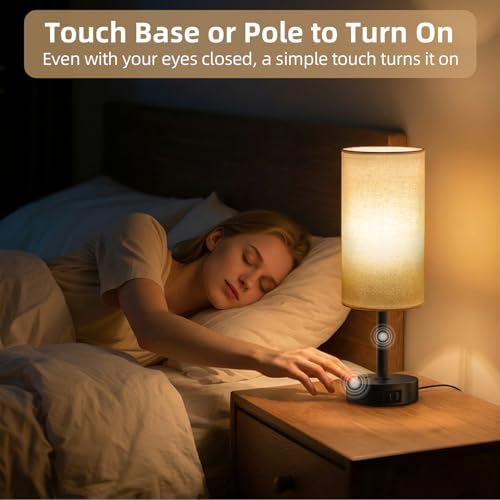 2PCS Table Lamp for Bedroom, Dimmable Touch, AC Outlet, USB A+C