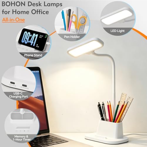 LED Desk Lamp for Dorm Small Desk Lamp with Pen Holder 5 Color Modes White