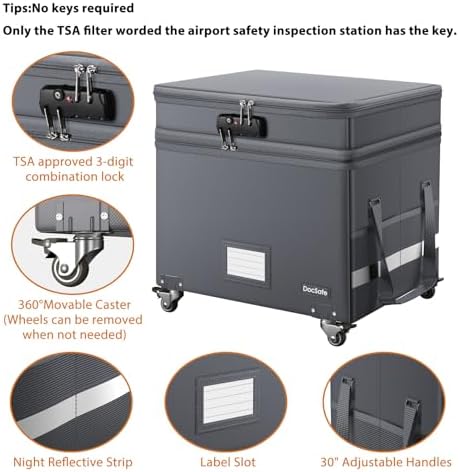 DocSafe Fireproof Document Box with Lock,2-Layer File Box with Wheels,Collapsible File Storage Organizer with Pockets,Large Portable Office Filing Cabinet for Hanging Folders,Gray,16''x13.8''x12.2''