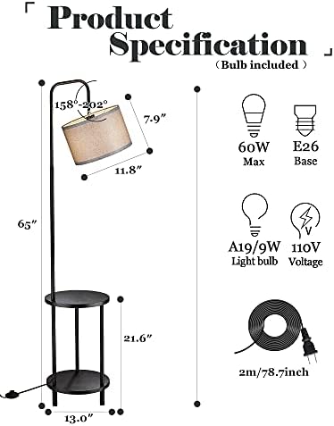 ELYONA Modern Floor Lamp for Living Room, Solid Wood Side Table Lamp with Grey Fabric Drum Shade, 3-Color Temperatures End Table Standing Light for Bedroom, Living Room, LED Bulb Included, Matte Black