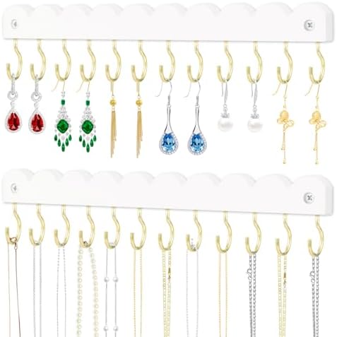 2 Pack Necklace Holder Organizer Wall Mount, Wooden Necklace Hanger Storage Hanging Jewelry Organizer with 12 Hooks for Necklaces, Bracelets, Rings and Bangles Display