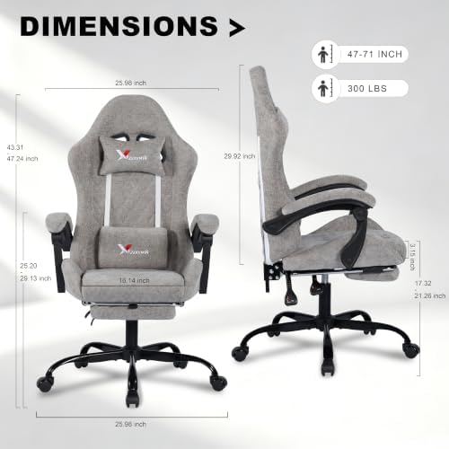 Fabric Gaming Chair for Adults, Ergonomic Computer Office Desk Chair with Footrest,Pocket Spring Cushion, Reclining High Back Silla Gamer for Home Office, Light Grey