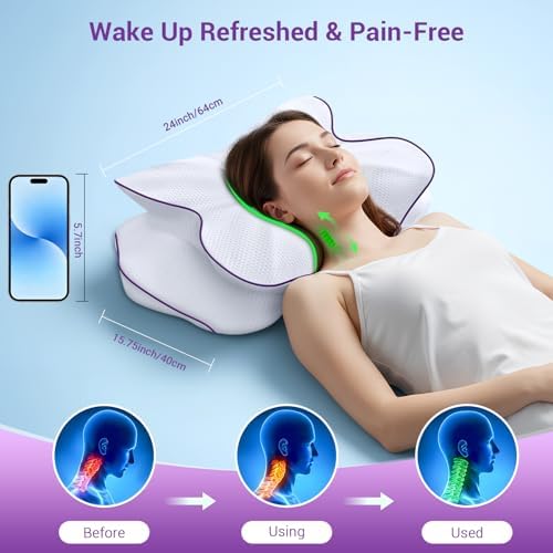 AZBESTPRO Memory Foam Cervical Pillow for Neck Support & Pain Relief, Butterfly Ergonomic Design – 24×15.75×5.7 Inches, Removable 100% Polyester Pillowcase, Suitable for Side & Back Sleepers (Purple)