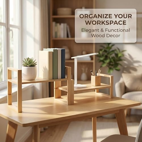 Desk Shelf, 100% Solid Wood Adjustable Desktop Bookshelf, No Tools or Nails Required Retro Tabletop Bookshelf, 130lb Load Capacity for Living Room, Office, for Books, Cookbooks,Nature Pine Color
