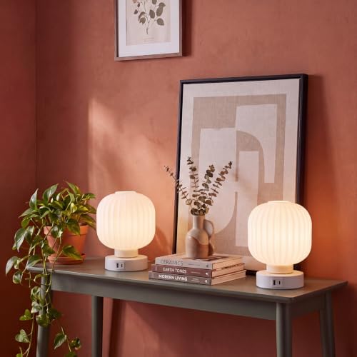 Elenhome Touch Bedside Glass Table Lamp Set of 2 with 3 Way Dimmable Light, Small Table Lamps with USB C+A Charging Ports - Bedroom Nightstand & Living Room Essential, Bulb Included