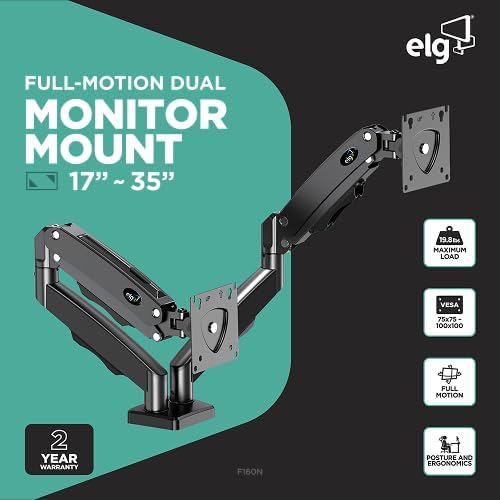 ELG Dual Monitor Stand, Gas Spring with Independent Arms, 17-35" Screens up to 19.8 lbs Each, 360° Rotation & Tilt, C-Clamp & Grommet, Height Adjusts to 16.1", VESA 75x75 to 100x100mm, Black