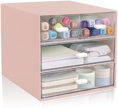 Desk Organizer with Drawer, Office Organizer with 4 Drawers, Desk Storage Box for, Desktop, Dressing table, Office, School, Home, Plastic Box and 4 Acrylic Drawers(Pink)