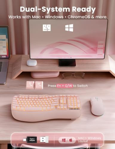 SABLUTE Pink Ergonomic Wireless Keyboard and Mouse Combo, Rechargeable 4000mAh Backlit Keyboard with Soft Faux Lambskin Palm Rest, Wave Keys for Natural Typing, Compatible with Windows/Mac/Chrome OS