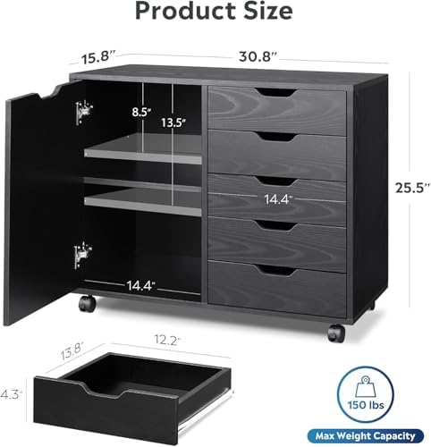 5-Drawer Wood Drawer Cabinet, Office Storage Cabinet with Adjustable Shelf & Wheels, Printer Stand for Home Office, Black, 15.7" D x 30.7" W x 25.4" H