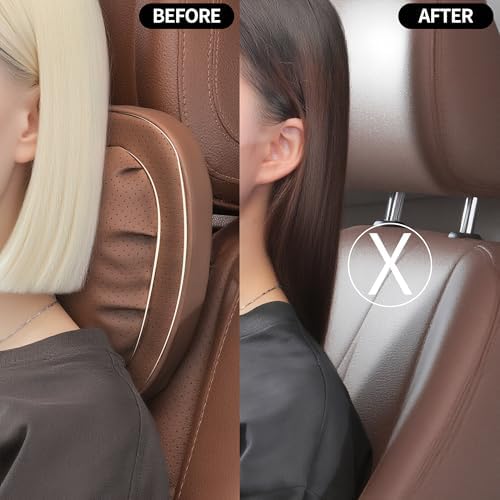Car Neck Pillow [No More Pressure] Soft Comfortable Premium Leather Headrest with Adjustable Strap – Ergonomic Support for Driving, Office & Gaming, Brown, 2 Pack