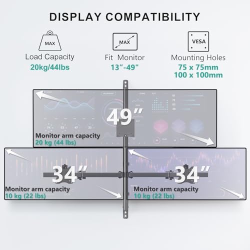 WALI Stacked Triple Monitor Wall Mount for 49" Curved and Dual 34" Monitors