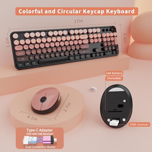 SkyGive Wireless Keyboard and Mouse Combo, Ergonomic Full Size Typewriter Retro Round Keycaps Keyboard, Compatible with Windows, PC, Perfect for Home and Office Keyboards (Aurora Red)