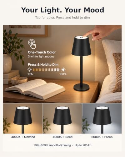 Cordless Table Lamp, 5000mAh Rechargeable, Adjustable 8.8"-20"