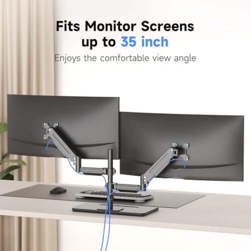 Suptek Freestanding Dual Monitor Stand for 2 Screens up to 35 Inches, Height Adjustable Monitor Arms Hold 24.25 lbs Each, Full Motion Dual Monitor Mount with Large Stable Base, VESA 75/100