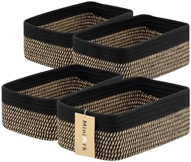 MiniArk Small Storage Baskets for Organizing | Closet Organizer Bins | Shelf Toy Basket | Woven Rope Baskets | Cube Decorative Box | Shallow Basket | 11.5x7.5x4.7” | 4 Packs Black Brown