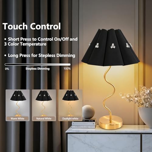 Cordless Rechargeable LED Table Lamp, Portable Desk lamp Battery, 3 Color Stepless Dimming with Memory Function, Suitable for Outdoor, Dinner, Patio & Restaurant. (Black with Diamonds)