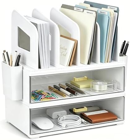 CiWiVOKi Desk Organizer with 4 File Slots and 2 Drawers, White