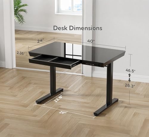 INNOVAR 40" Small Glass Standing Desk with Drawers & USB Ports, Whole-Piece Glass Top Adjustable Height Desks, Quick-Install Electric Sit-Stand Up Desk for Home Office & Computer Workstation, Black