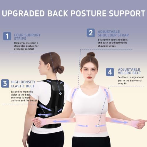 Posture Corrector for Women and Men, Full Back Brace for Posture Support, Adjustable Upper Back Brace with Waist Belt, Shoulder Straightener for Hunchback, Back Support for Work, Home, Office Pink, Medium